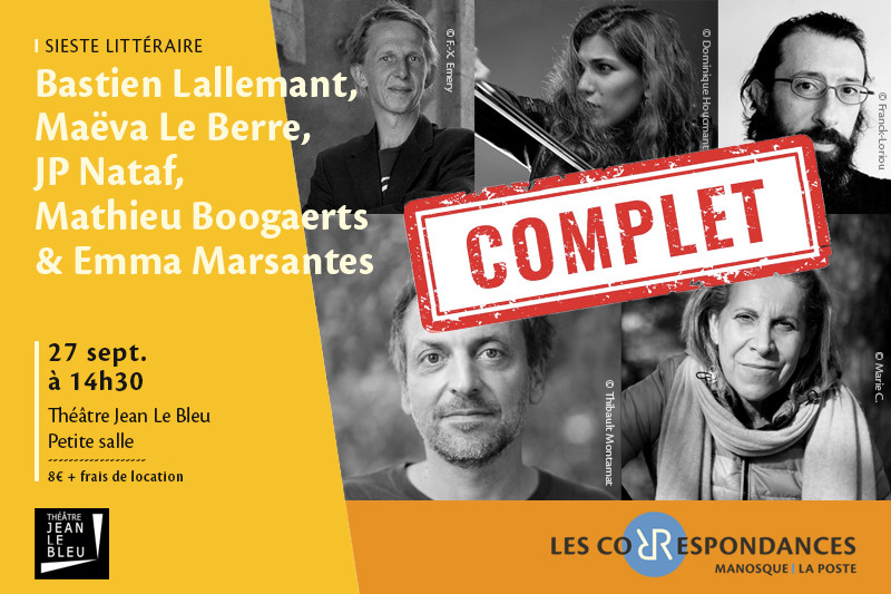 Sieste littéraire par Bastien Lallemant, Maëva Le Berre, JP Nataf, Mathieu Boogaerts & Emma Marsantes - Les Correspondances 2026_Manosque - © Les Correspondances Sieste littéraire par Bastien Lallemant, Maëva Le Berre, JP Nataf, Mathieu Boogaerts & Emma Marsantes - Les Correspondances 2026_Manosque